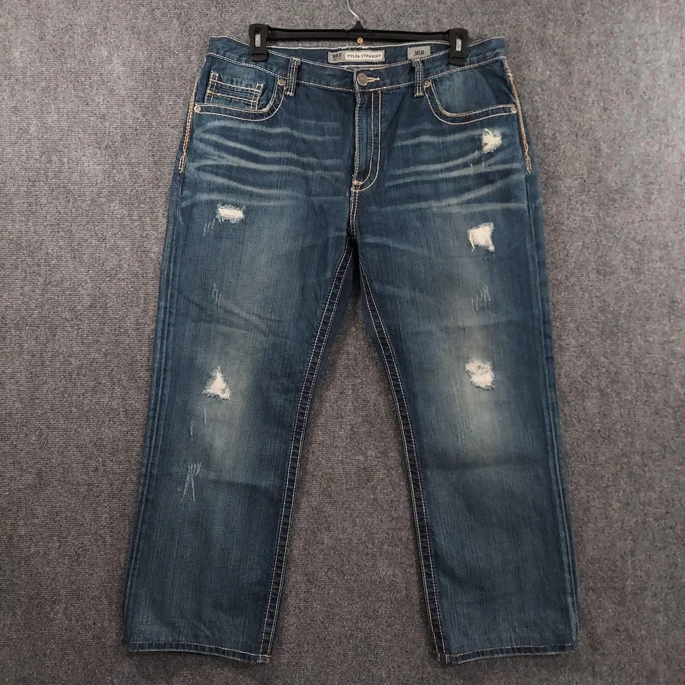 BKE Tyler Straight Jeans Mens Fits 38x28 Relaxed Straight‎ Distress Thick Stitch